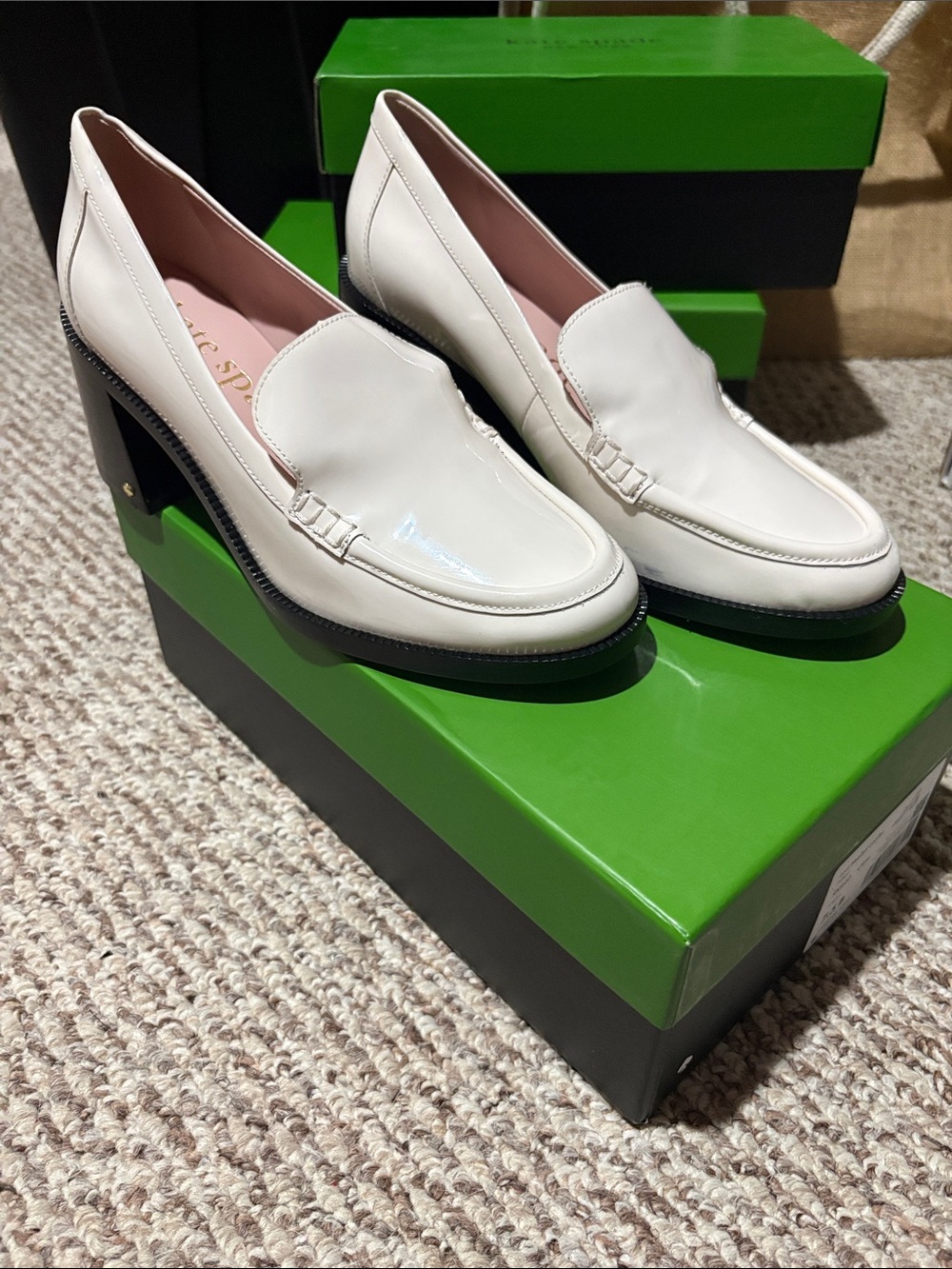 kate spade White Leather Block Heel Loafers